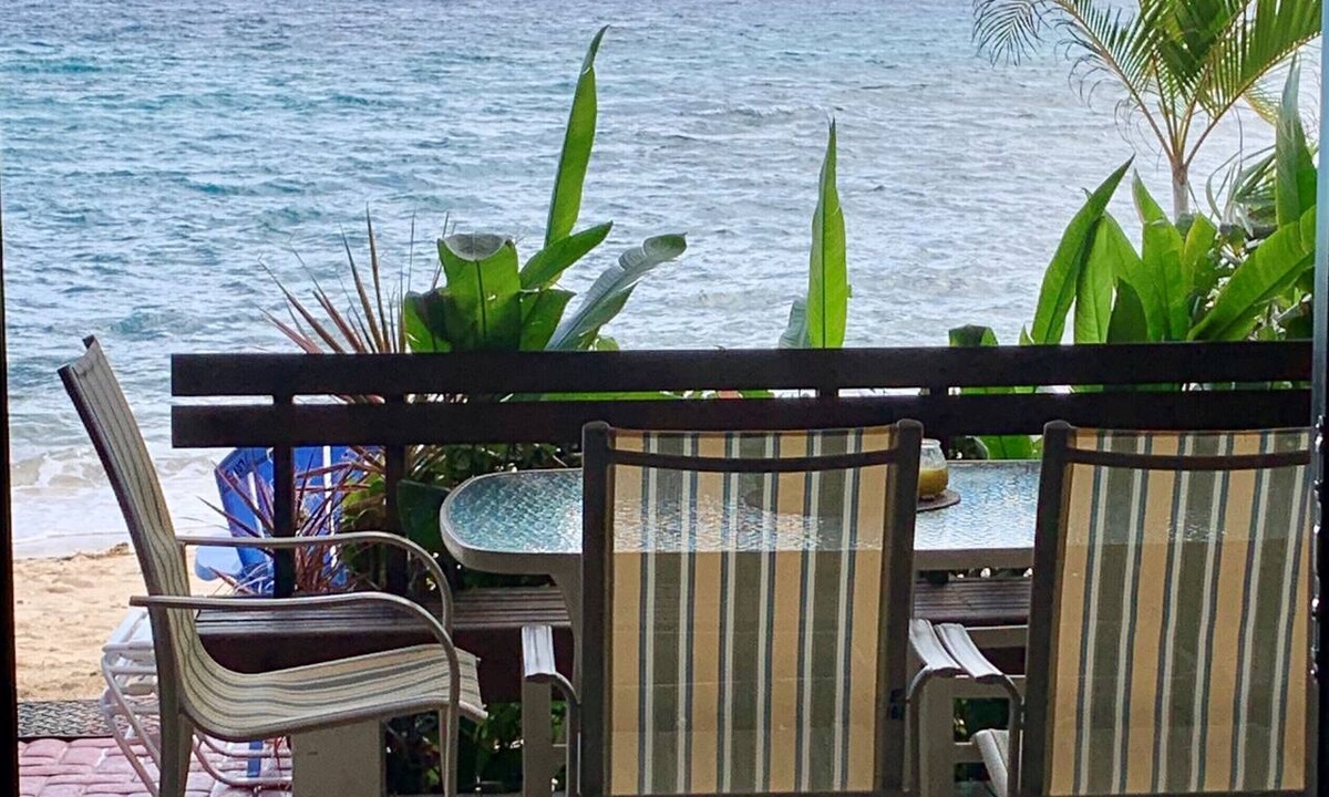 Red Hook Condo | "THREE PALMS"~ON beach, remodeled, private patio, generator, pool, quiet & clean