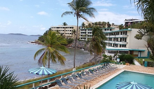 Panoramic Views await you at our studio ocean front Studio on Bolongo Bay.VI in St. Thomas